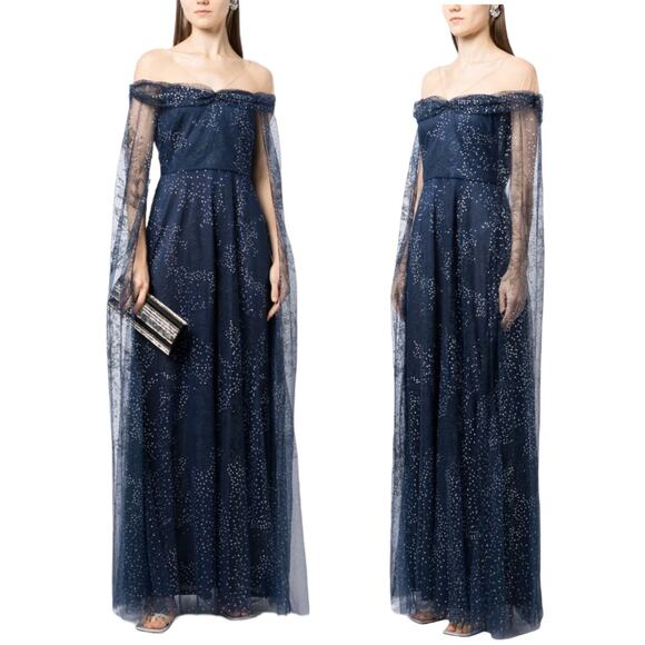 Marchesa Notte Tulle Overlay Cape Embellished Gown Blue Size 0 - Picture 1 of 11